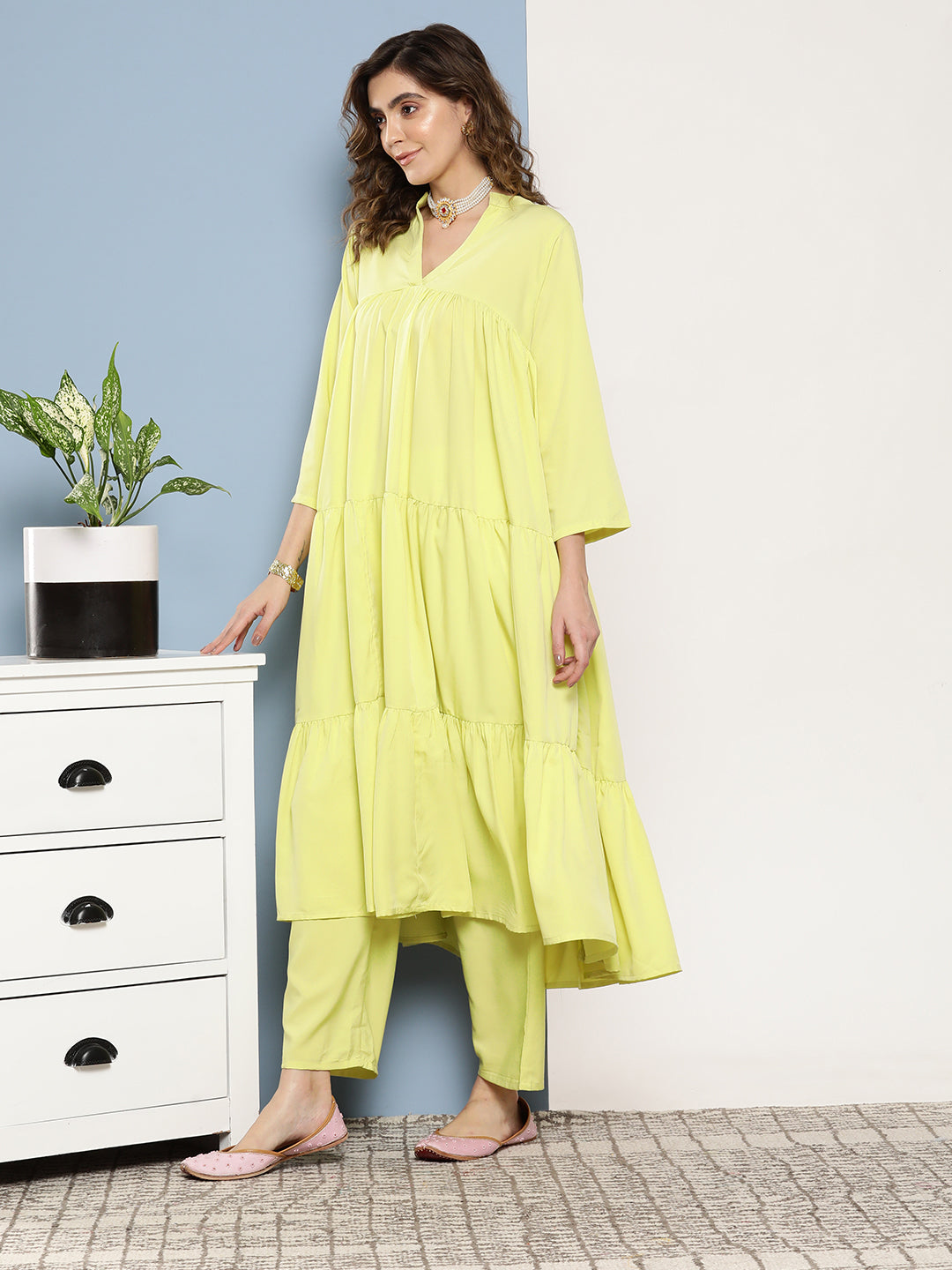 InWeave Women's Lime Green Tiered Anarkali Kurta Set - Swadesiicart