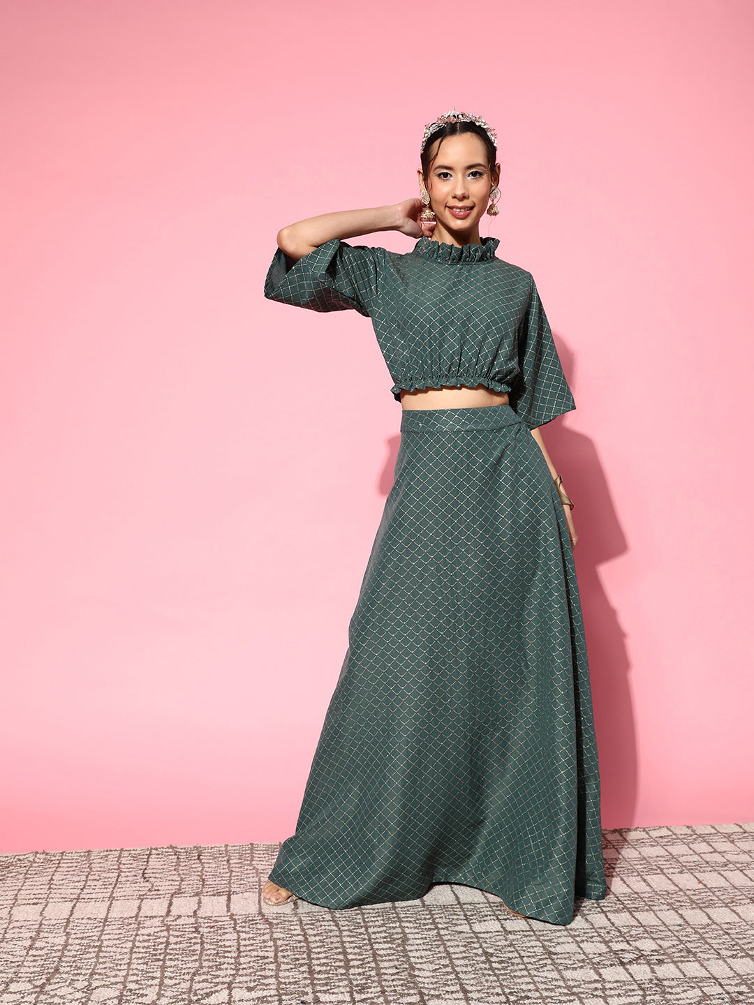 InWeave Women's Hunter Green Gold Crop Top With Side Slit Skirt - Swadesiicart