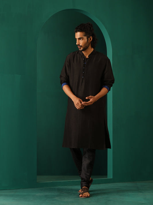 trueBrowns Men's Black Silk Long Kurta | Swadesiicart