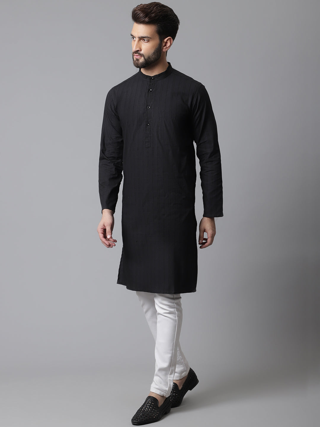 Even Apparels Black Striped Kurta With Band Collar | Swadesiicart