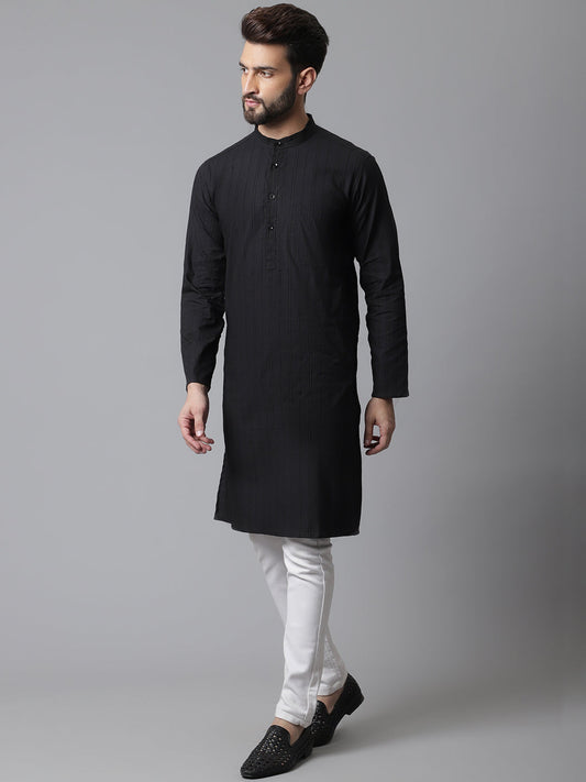 Even Apparels Black Striped Kurta With Band Collar | Swadesiicart