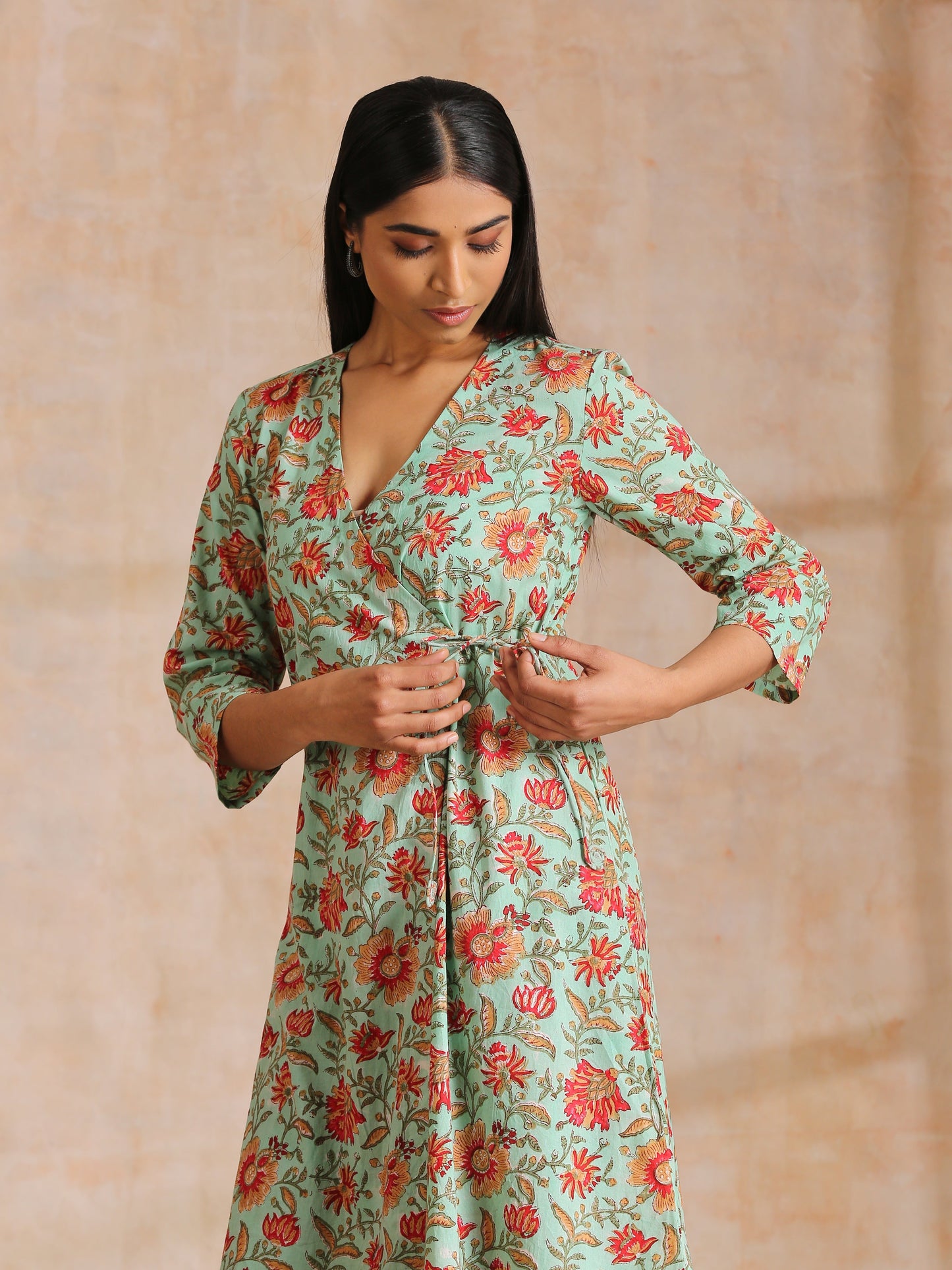 trueBrowns Seafoam Green Overall Floral Block Print Cotton Angrakha Pant Set | Swadesiicart