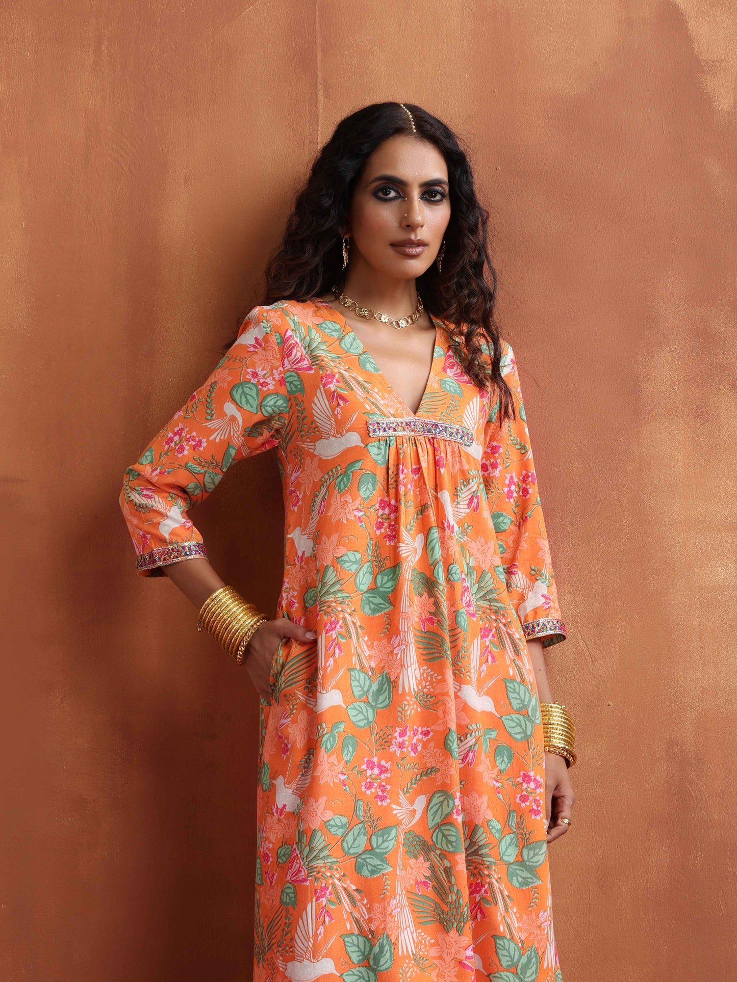 trueBrowns Orange Floral Print A-line Kurta Set | Swadesiicart