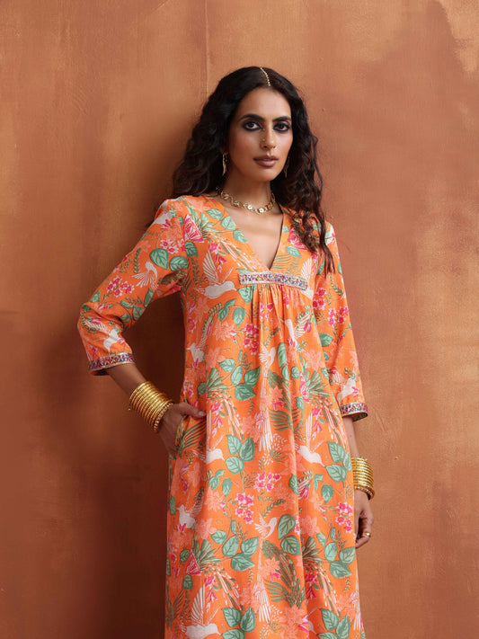 trueBrowns Orange Floral Print A-line Kurta Set | Swadesiicart