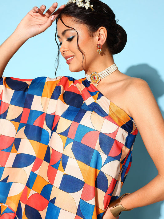 InWeave Women's Multi Geometric Print One Shoulder Top With Palazzo Set - Swadesiicart