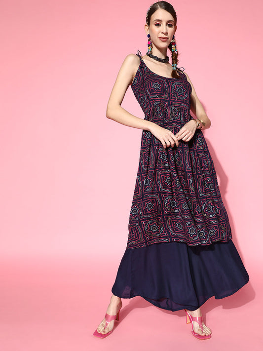 InWeave Women's Navy Bandhani Backdetail Kurta Set - Swadesiicart