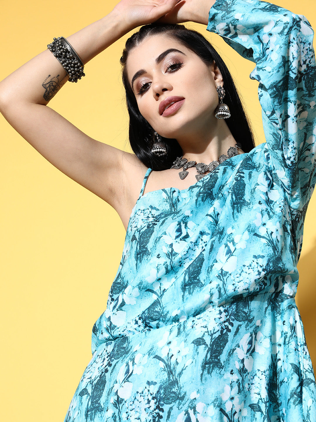 InWeave Women's Sea Blue One Shoulder Rayon Dress - Swadesiicart