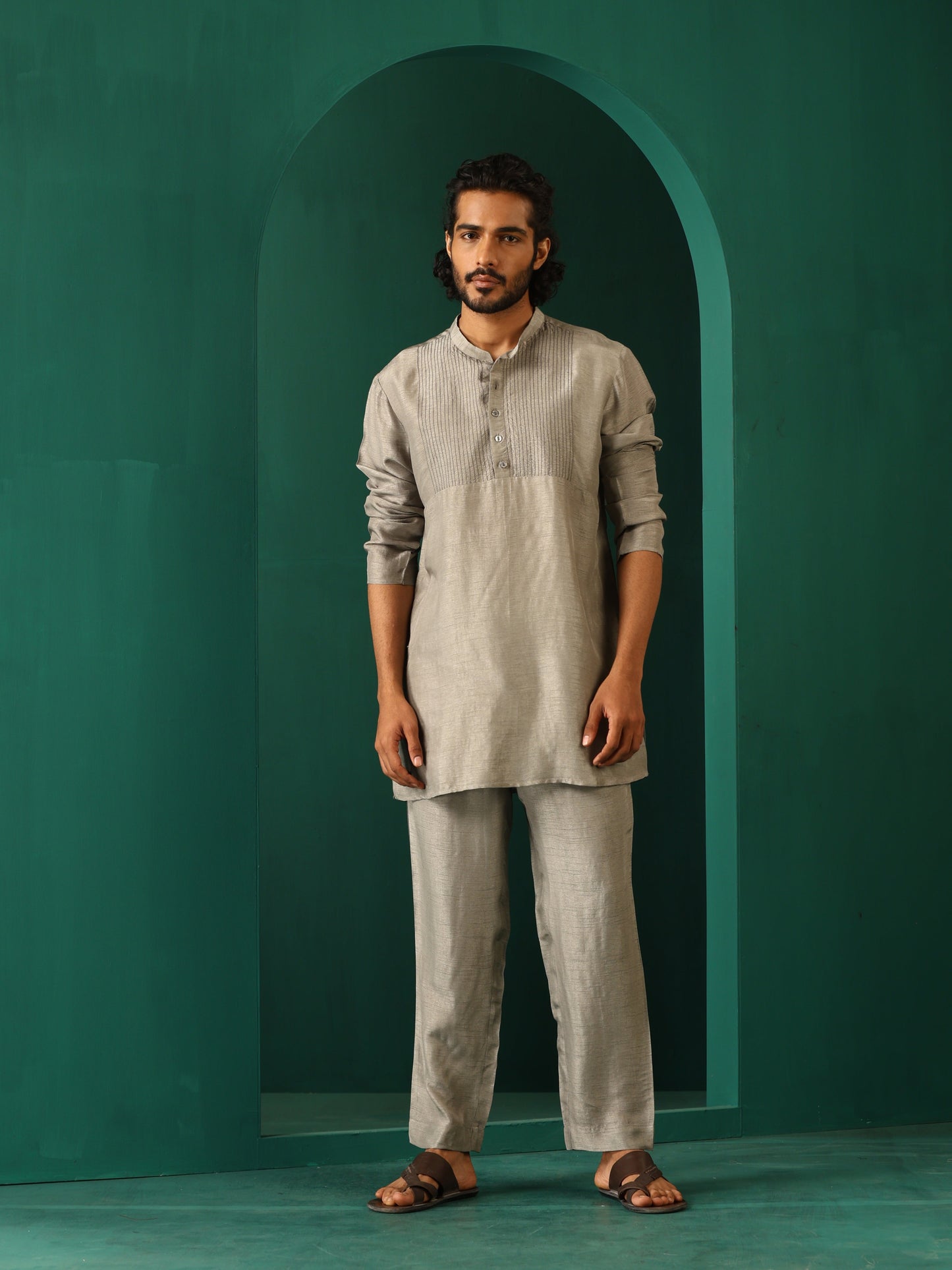trueBrowns Men's Grey Silk Co-ord Set Yoke Detail - Swadesiicart