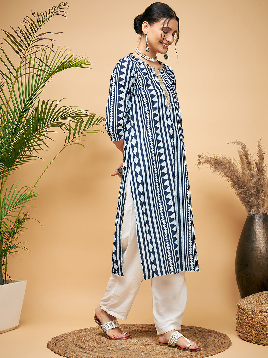 InWeave Women's White Navy Stripe Print Gota Straight Kurta - Swadesiicart