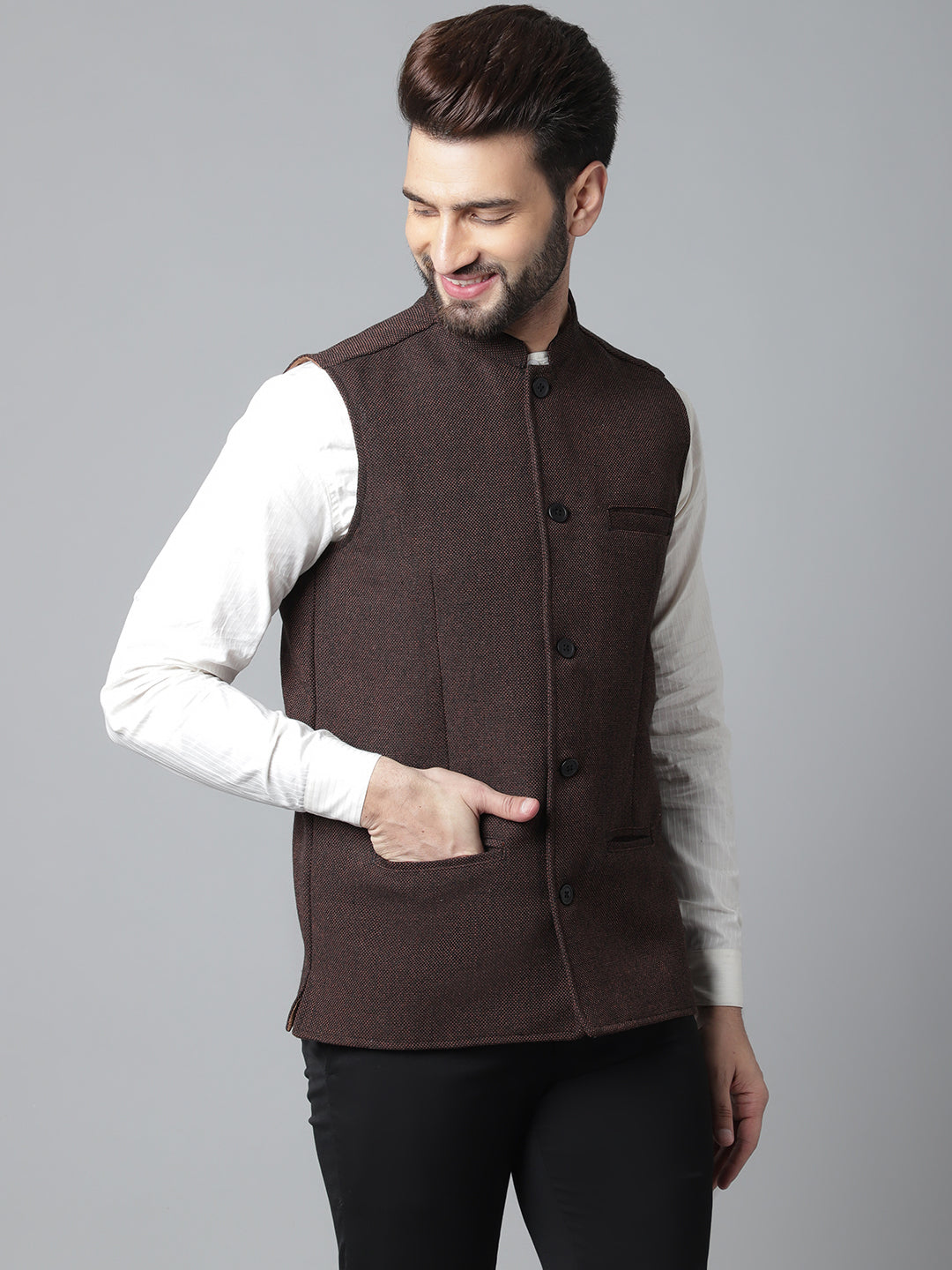 Even Apparels Men's Brown Nehru Jacket With Welt Pockets | Swadesiicart