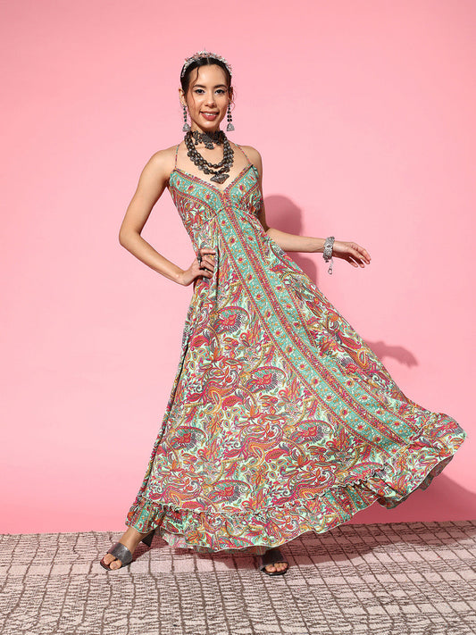 InWeave Women's Green Paisley Print Back Detail Long Dress - Swadesiicart