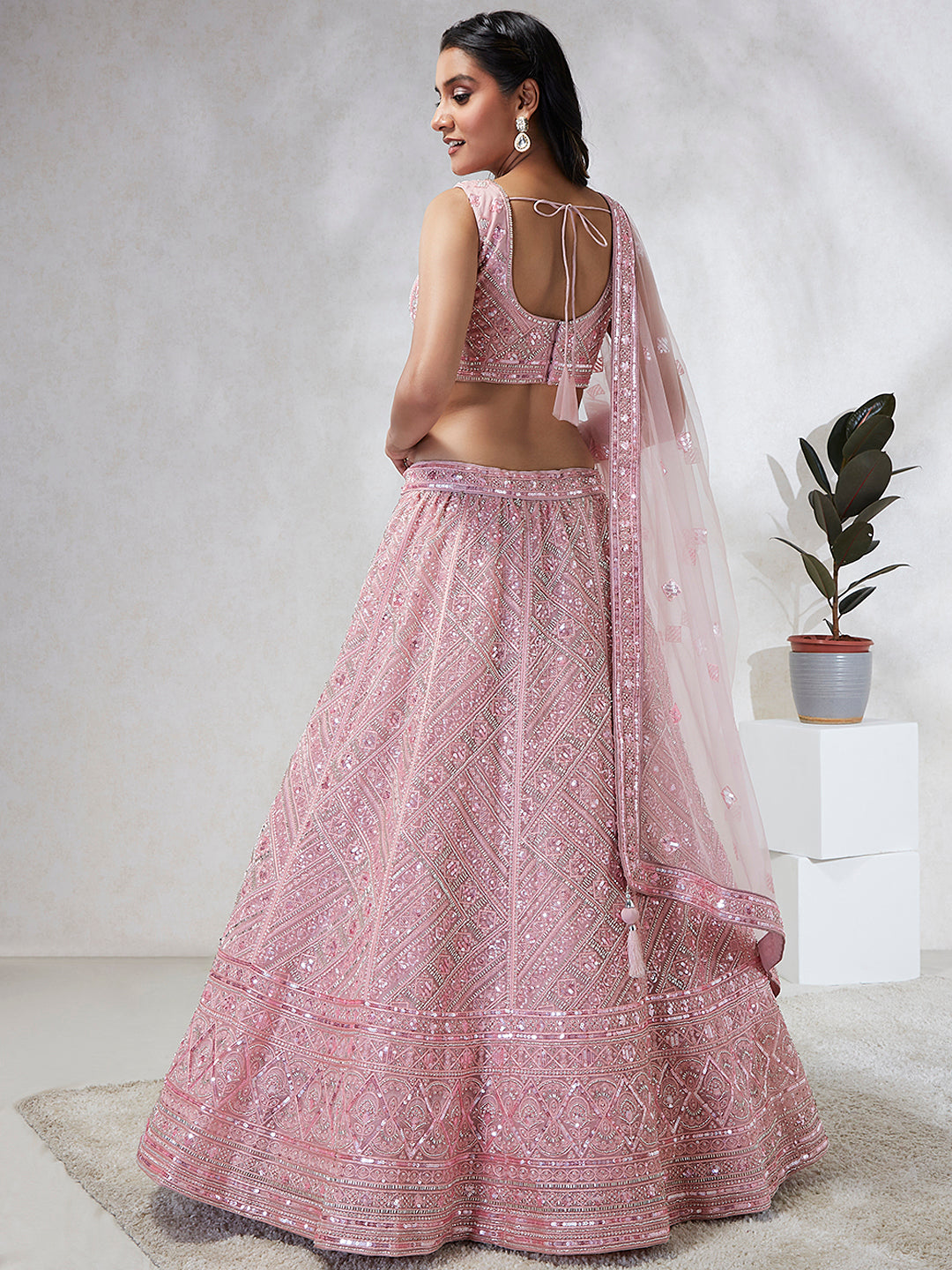 House of Panchhi Pink Net Cutdana, Sequins And Zarkan Embroidery Lehenga Choli & Dupatta | Swadesiicart