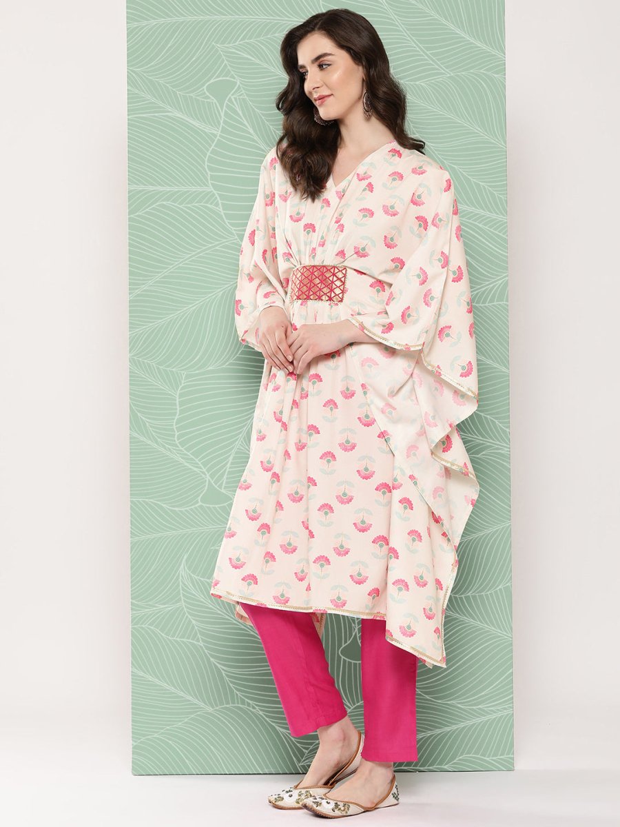 Ahalyaa Women Floral Printed Flared Sleeves Gotta Patti Crepe Kaftan Kurta | Swadesiicart