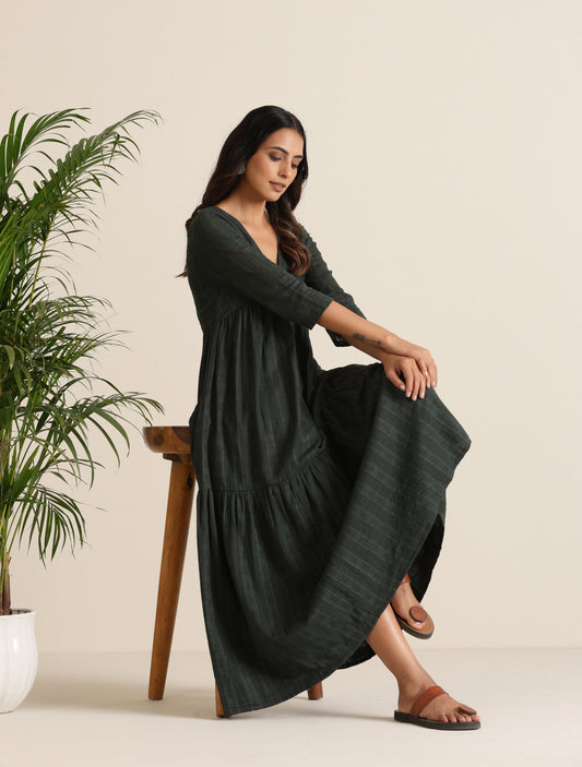 trueBrowns Charcoal Cotton Dobby Tiered Dress - Swadesiicart