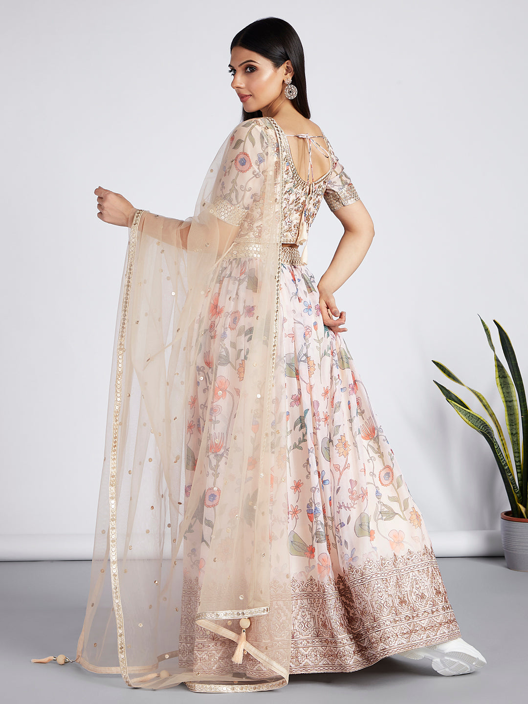 House of Panchhi Cream Colour Organza Floral Design Digital Print Lehenga Choli & Dupatta | Swadesiicart