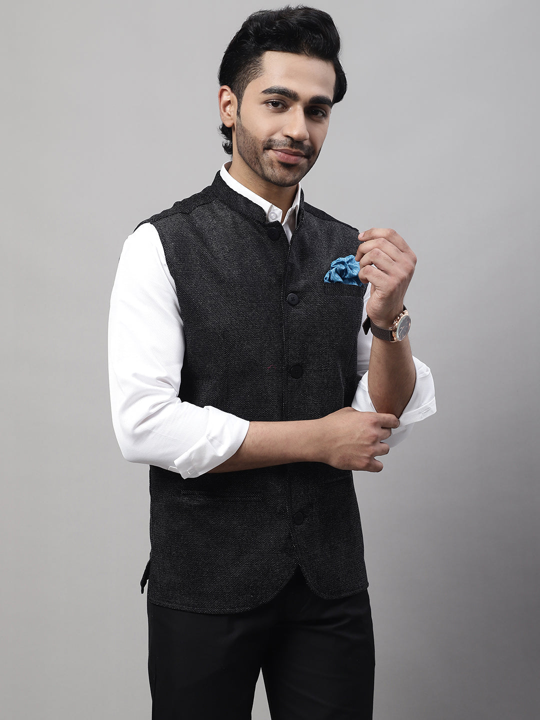 Even Apparels Men's Black Nehru Jacket With Welt Pockets | Swadesiicart