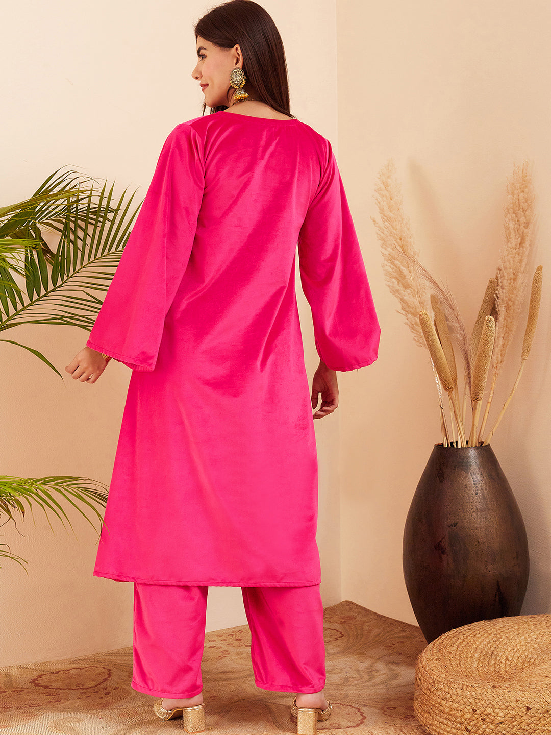 InWeave Women's Magenta V Neck Asymmetrical Pleated Velvet Kurta Set - Swadesiicart