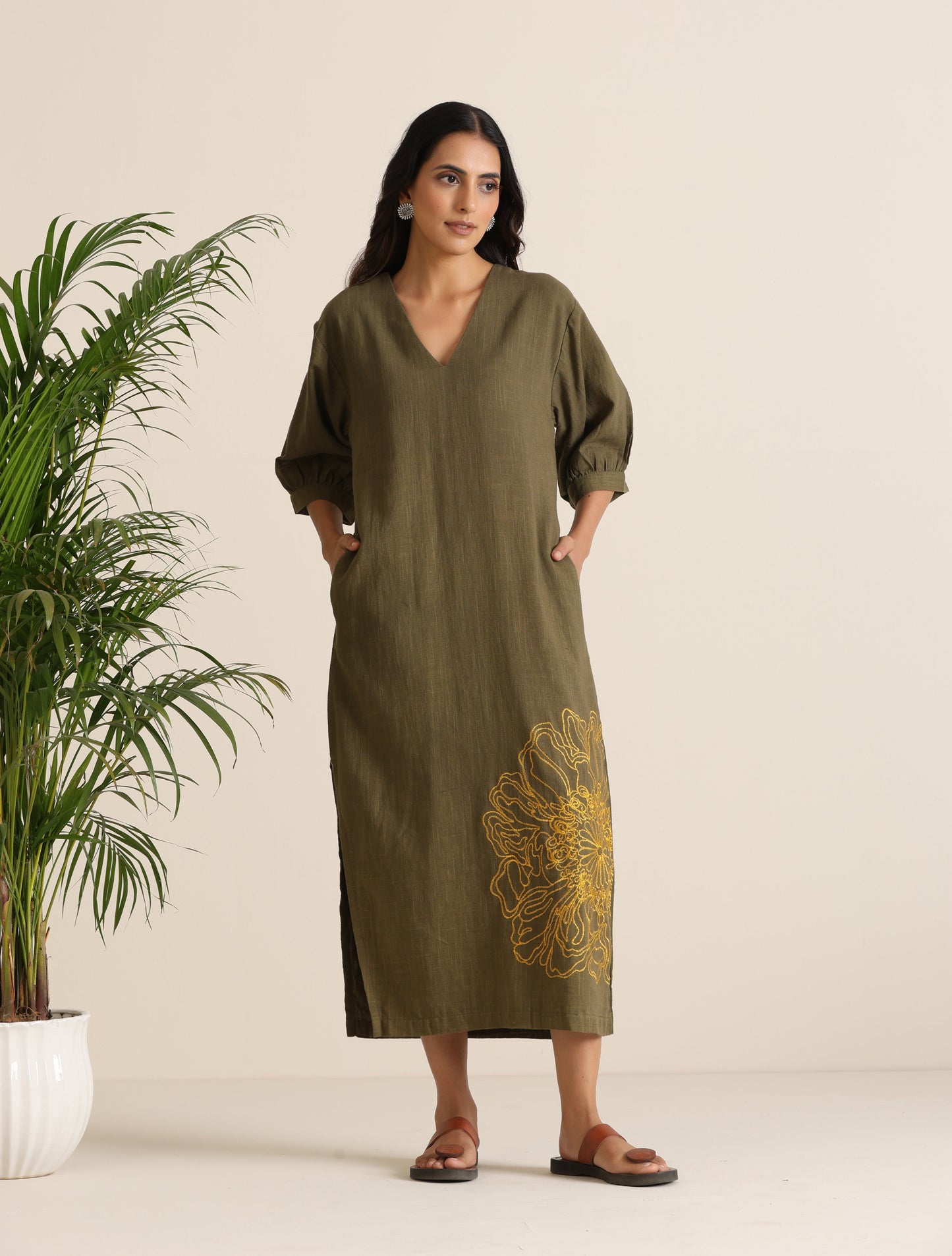 trueBrowns Olive Cotton Embroidered Dress | Swadesiicart
