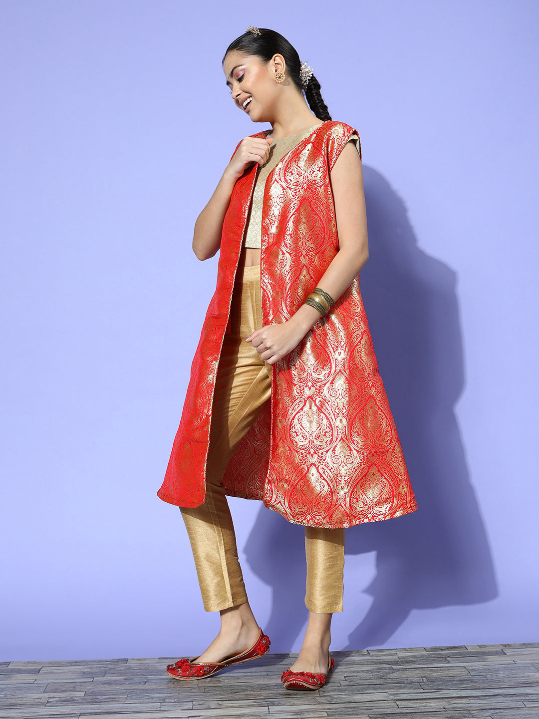 InWeave Women's Red Brocade Jacket - Swadesiicart