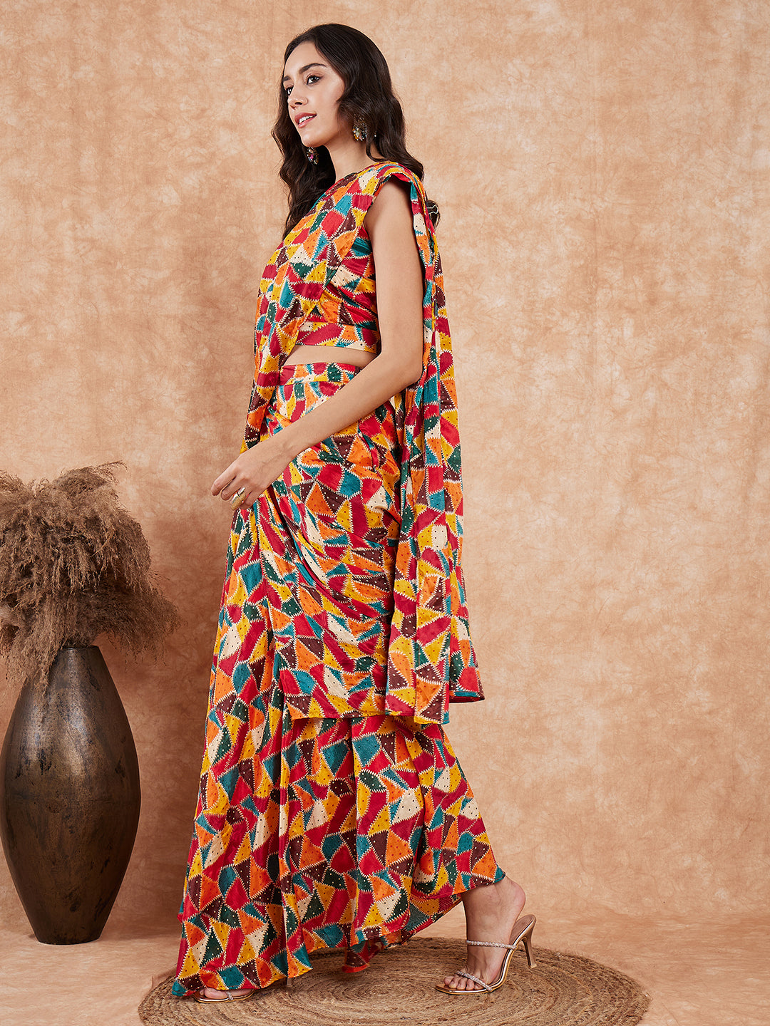 InWeave Women's Multi Color Trangle Skirt Saree - Swadesiicart