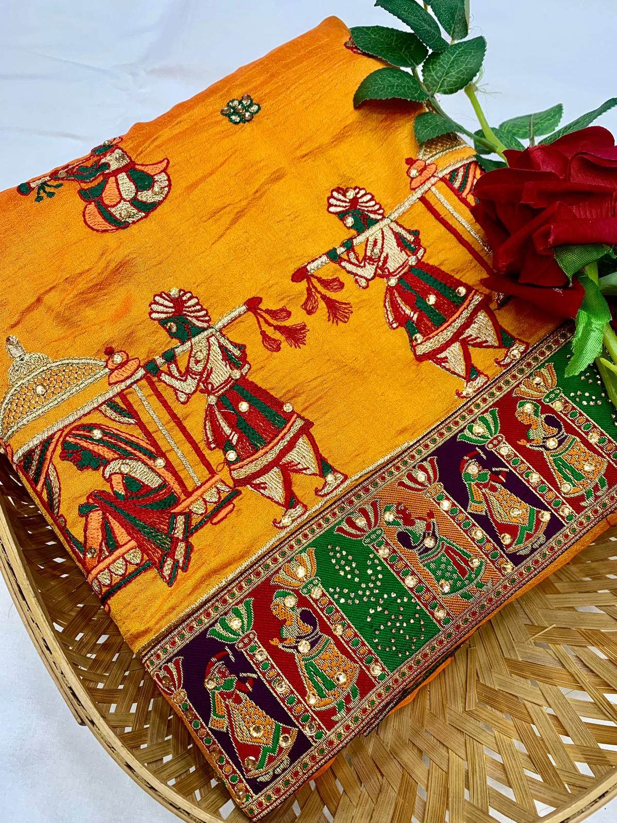 Lorenvalley Fashion Premium Yellow Vichitra Silk Embroidery and Diamond work Both Side Saree - Swadesiicart
