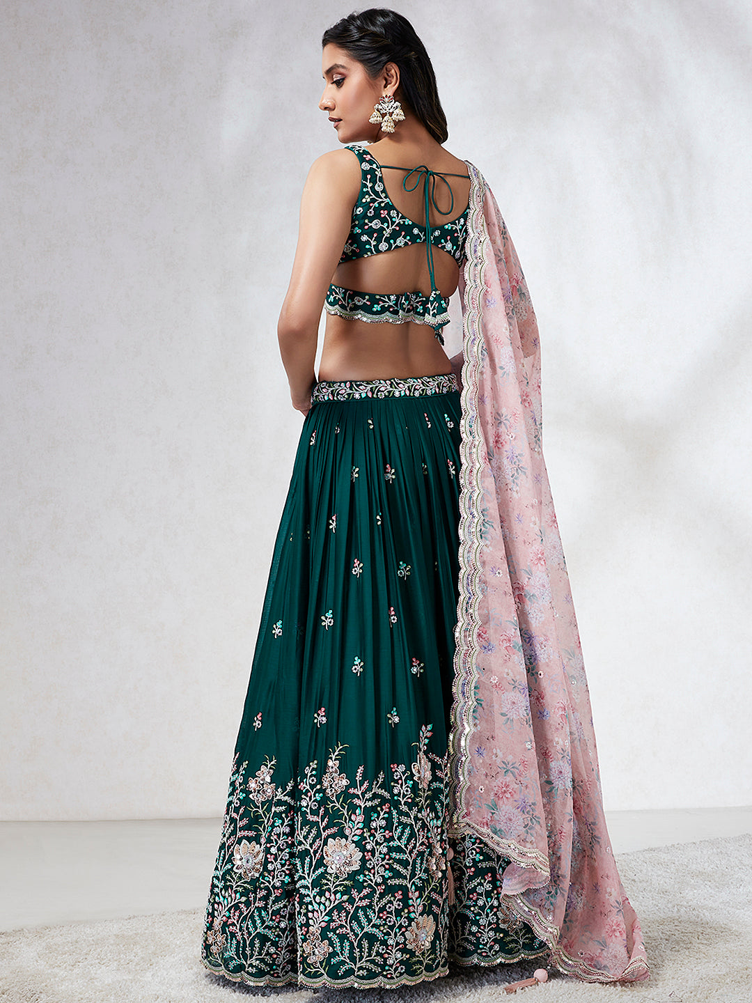 House of Panchhi Teal - Georgette Sequins, Mirror And Thread Embroidery Lehenga Choli | Swadesiicart
