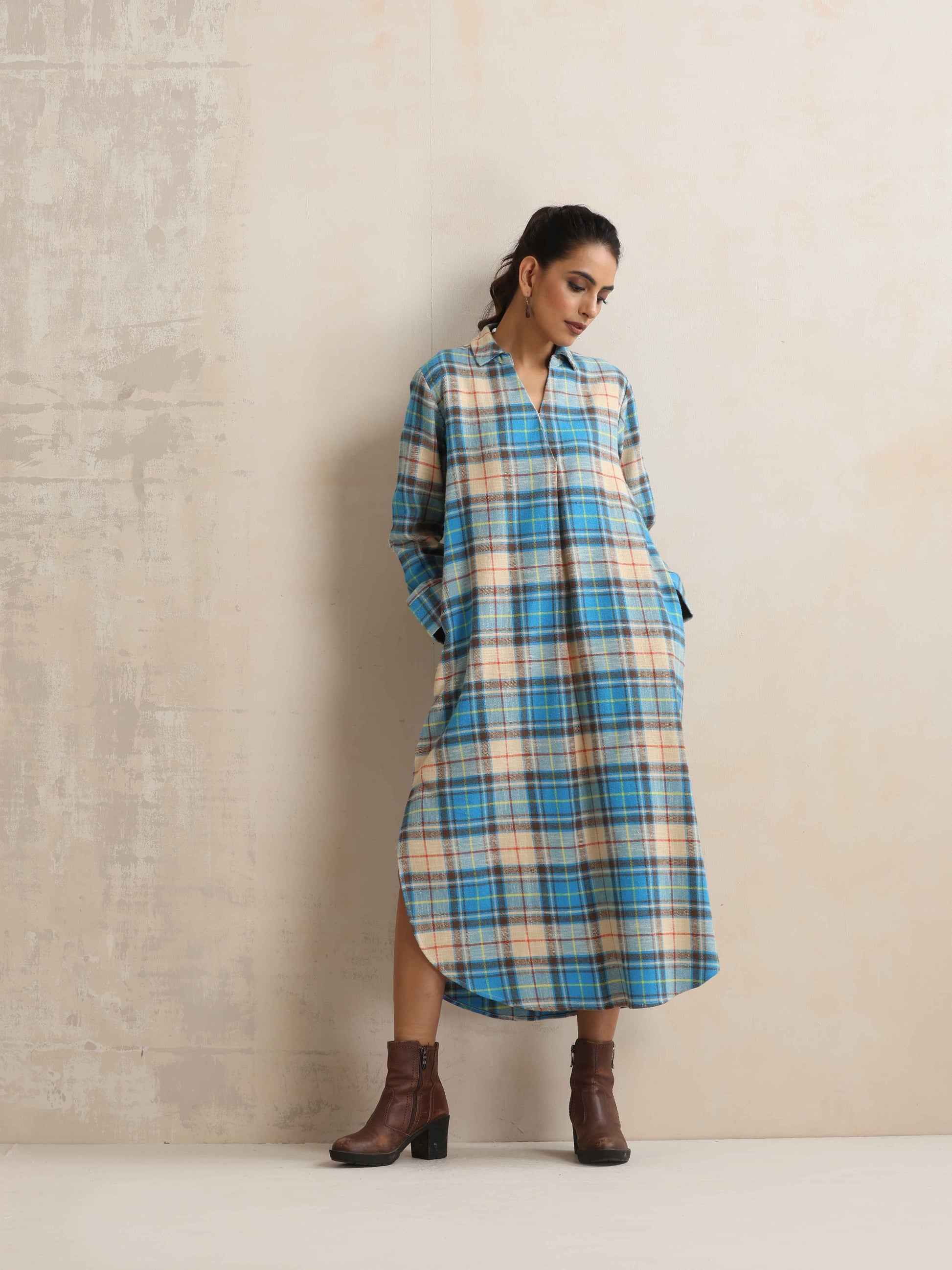 trueBrowns Beige Check Pleated Winter Dress | Swadesiicart