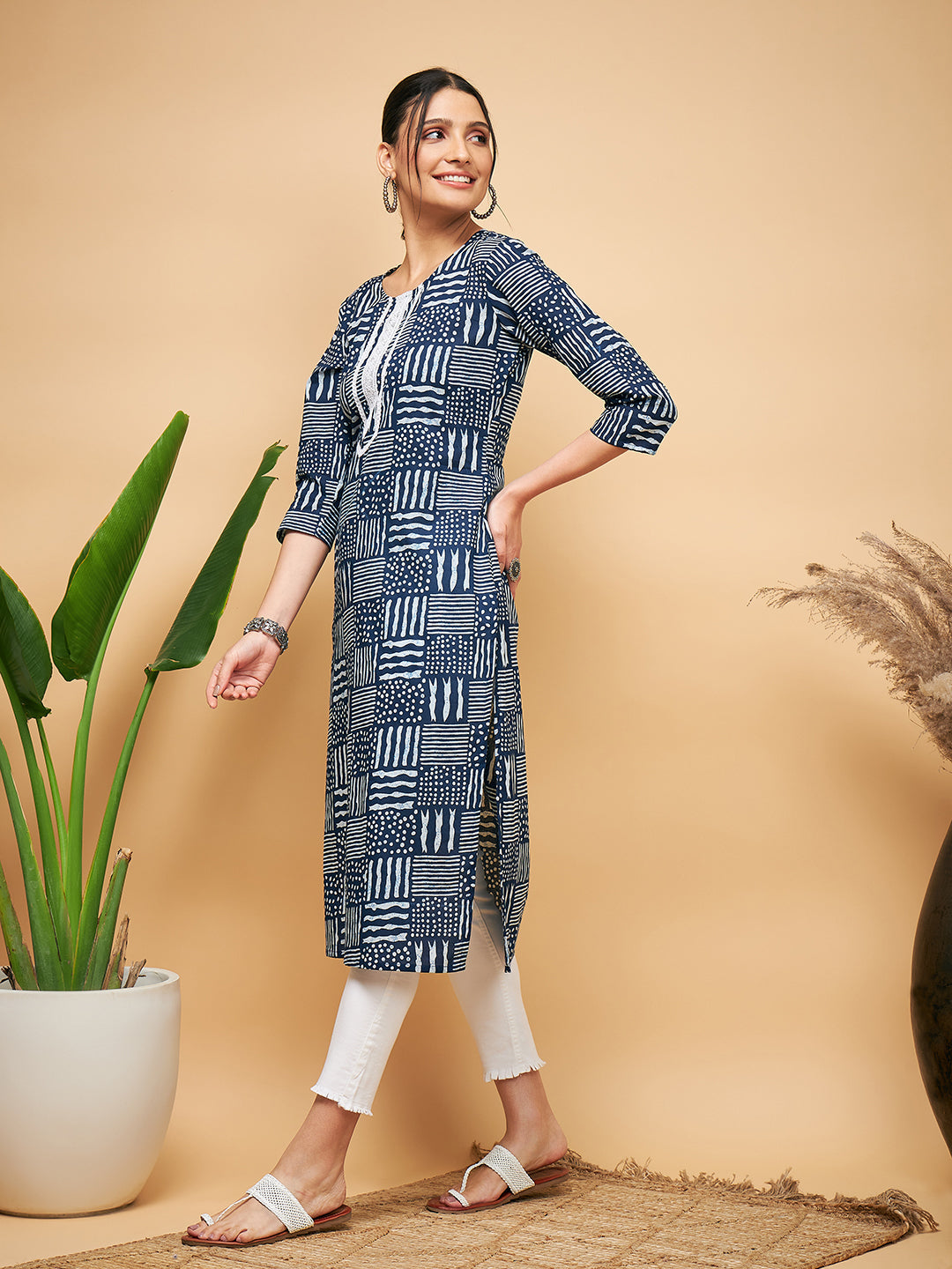 InWeave Women's Ankola Indigo With Tiles Hand Block Print Lace Straight Kurta - Swadesiicart
