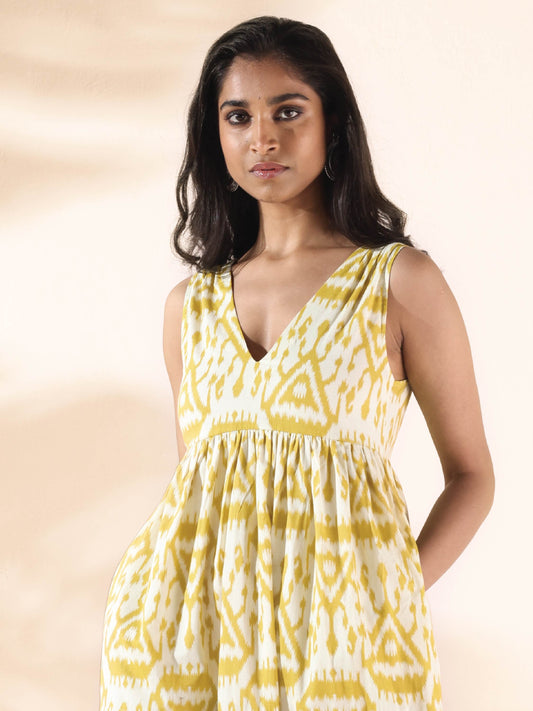 trueBrowns Lime Cotton Ikat Sleeveless Flared Dress | Swadesiicart