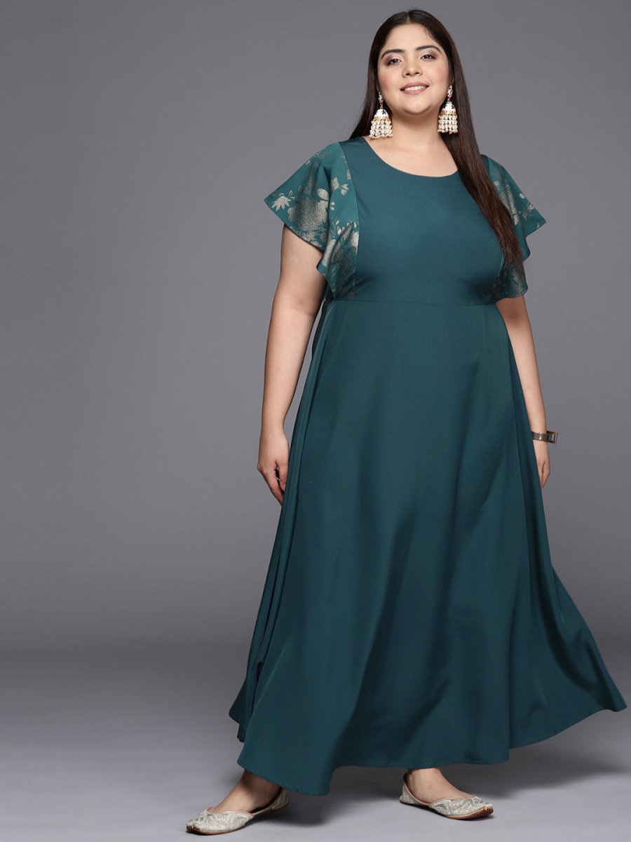 Ahalyaa Plus Size Floral Print Crepe Flared Sleeves A-line Maxi Ethnic Dress | Swadesiicart