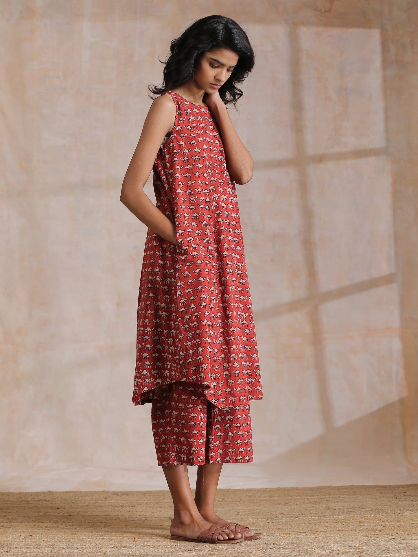trueBrowns Rust Red Bagru Camel Print Cotton High-Low Co-Ord Set - Swadesiicart