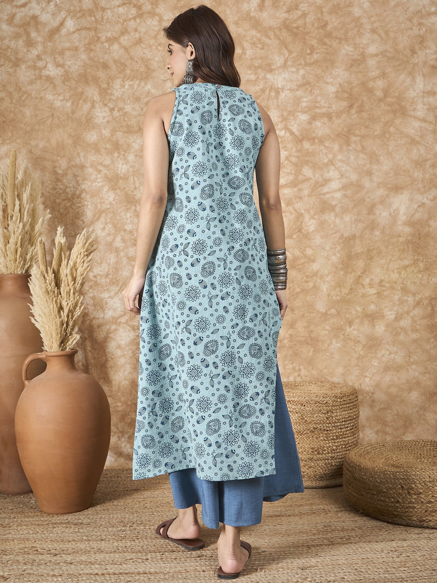 InWeave Mint Blue Side Asymmetric Kurta Set - Swadesiicart