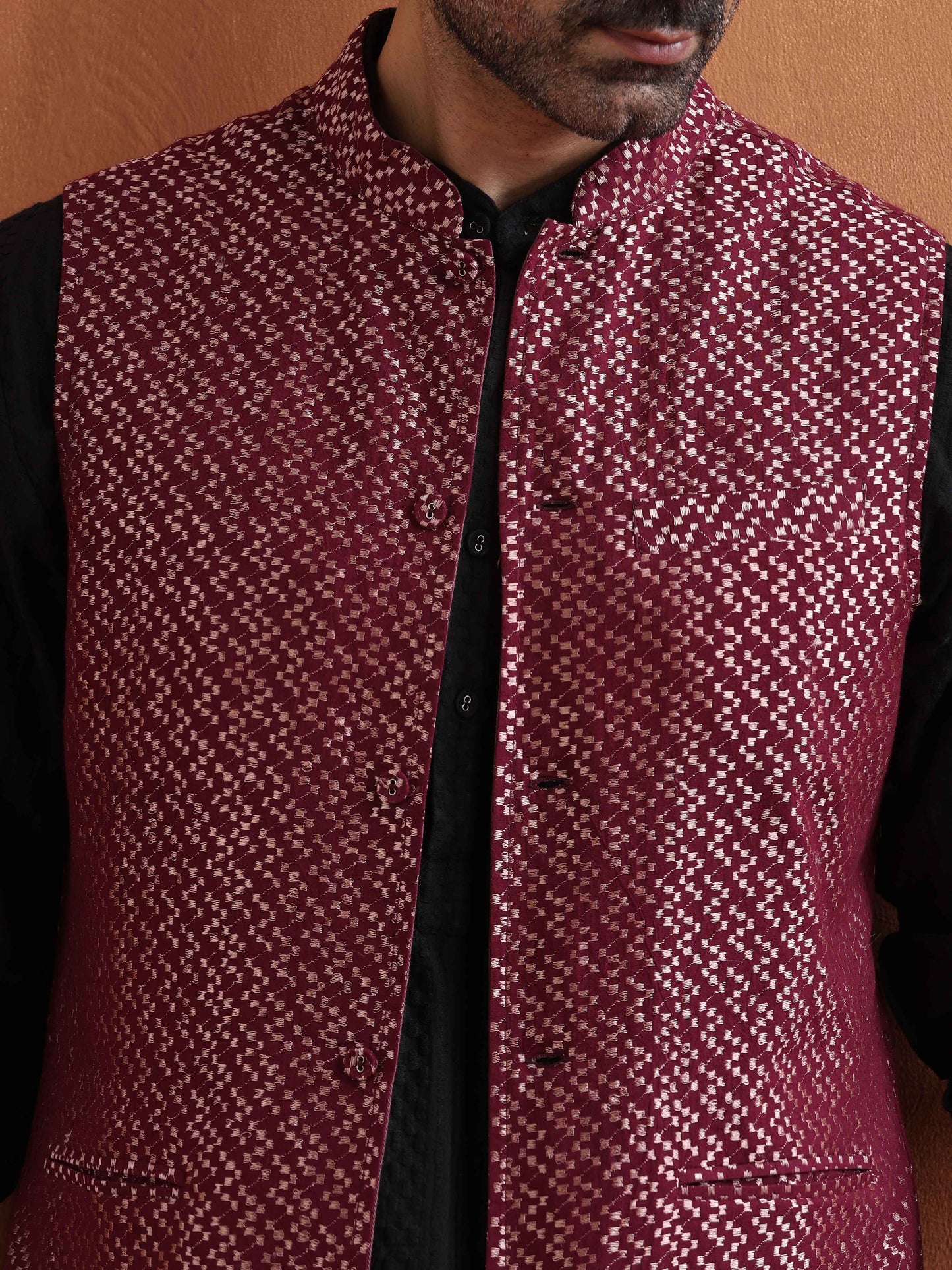 trueBrowns Men's Dark Purple Cotton Dobby Nehru Jacket | Swadesiicart