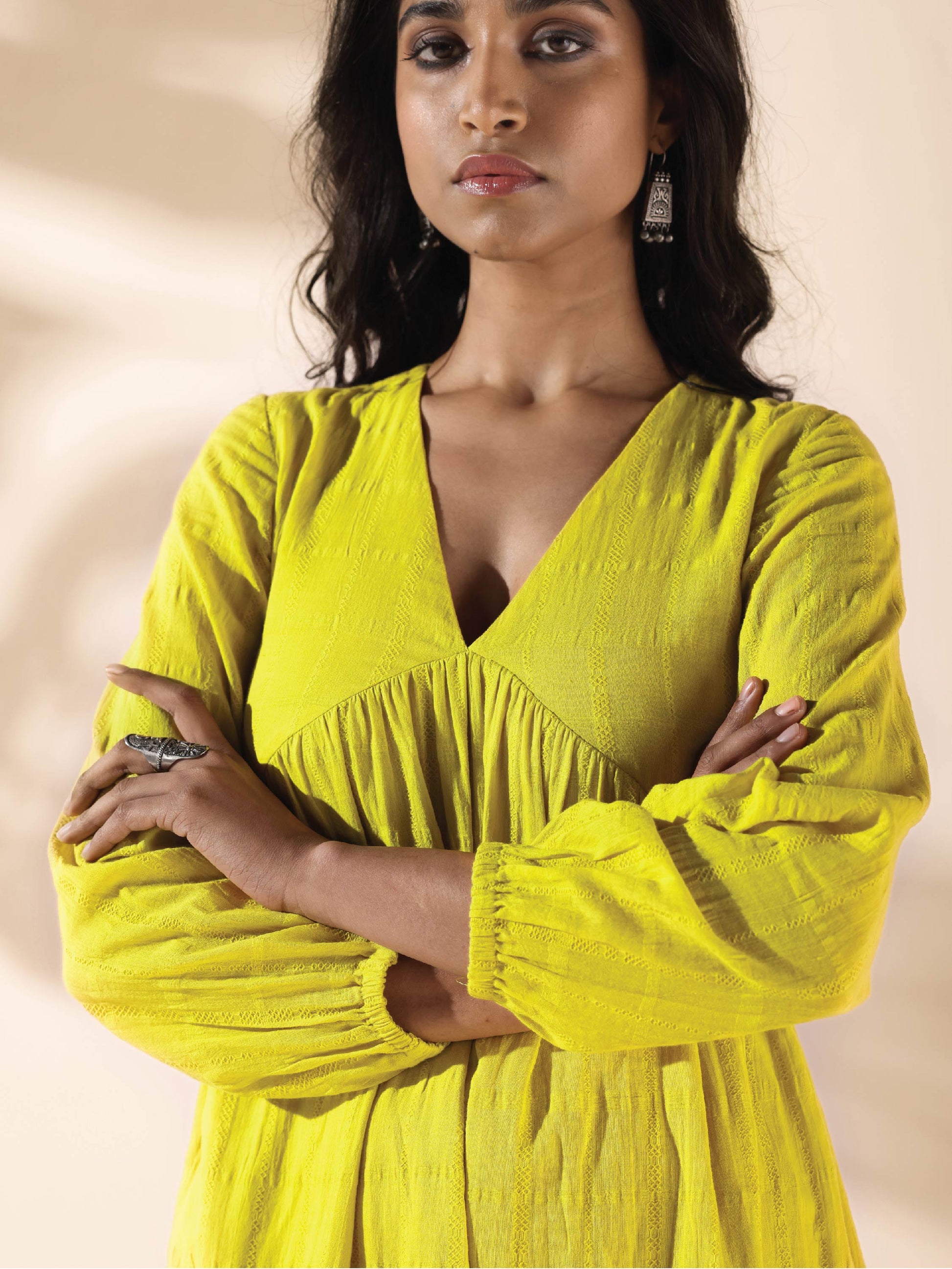 trueBrowns Lime Cotton Dobby Flared Dress | Swadesiicart