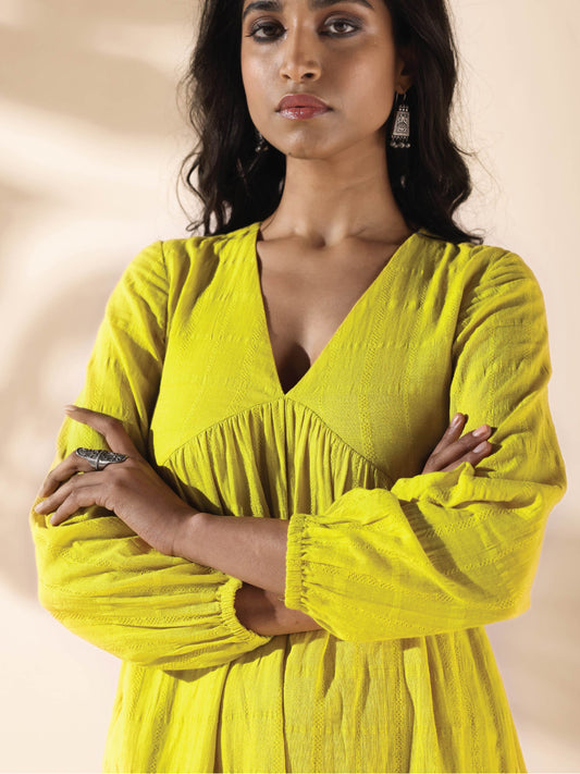 trueBrowns Lime Cotton Dobby Flared Dress | Swadesiicart