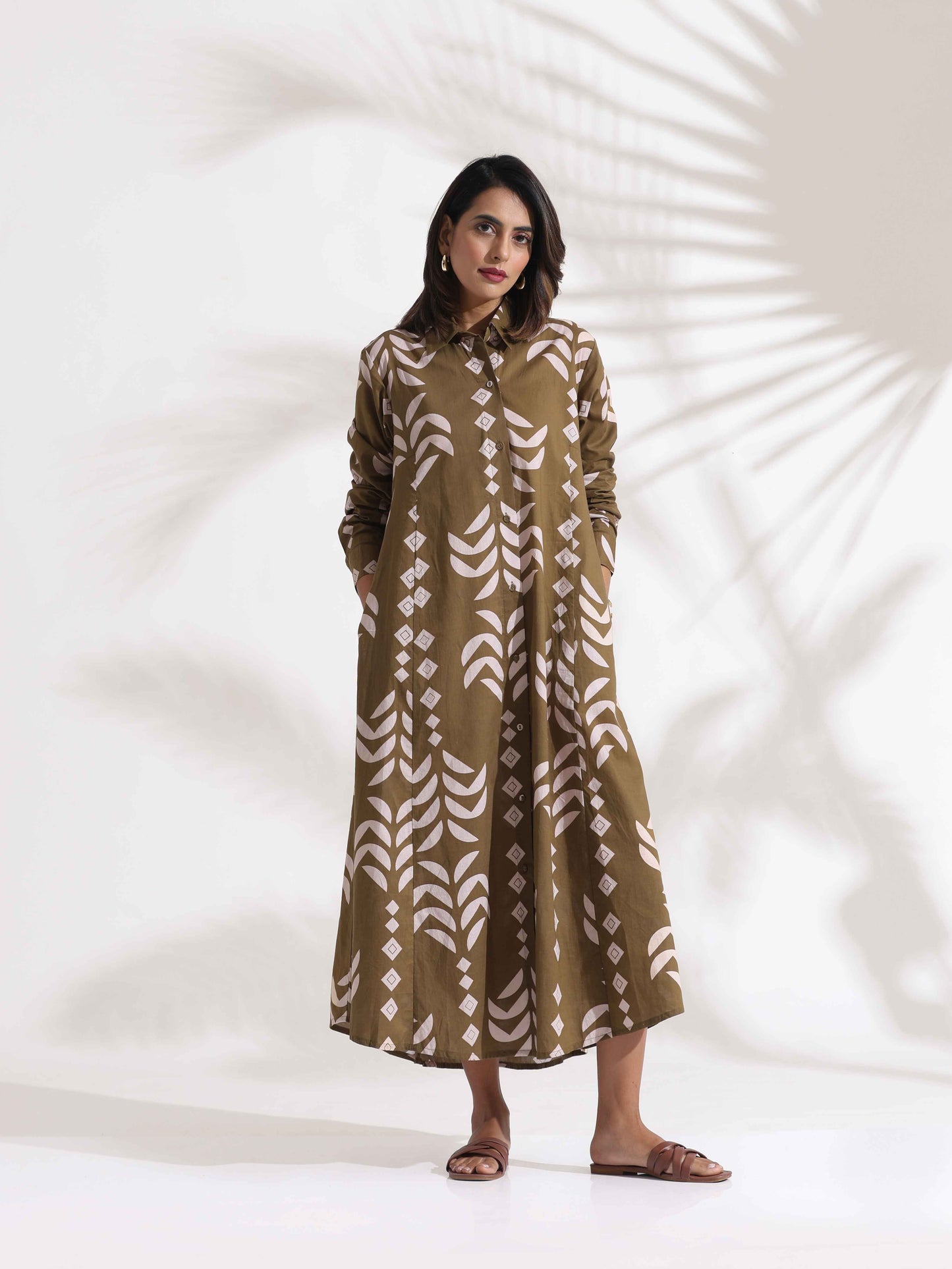 trueBrowns Olive Green Cotton Print Shirt Dress | Swadesiicart