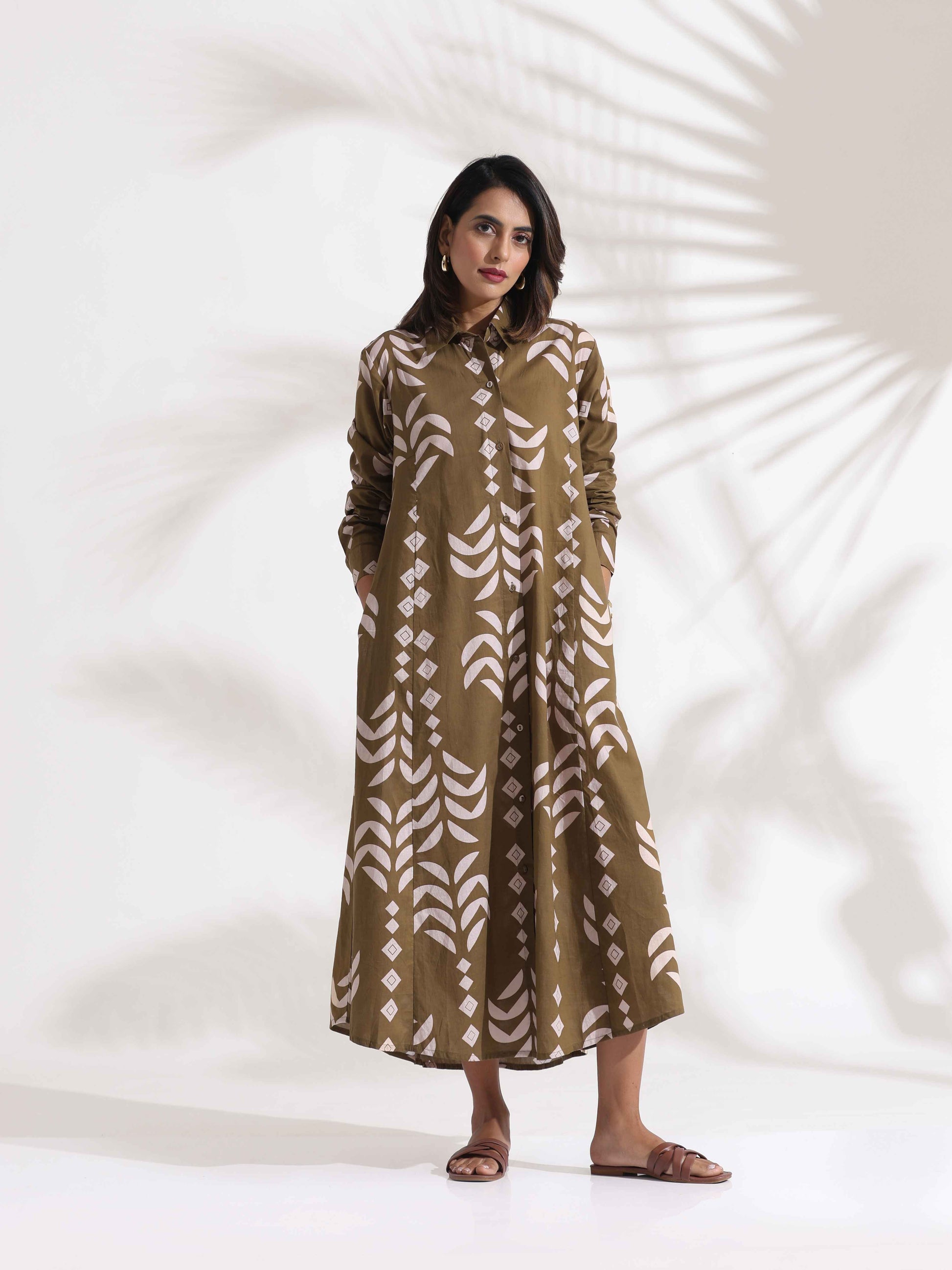 trueBrowns Olive Green Cotton Print Shirt Dress | Swadesiicart