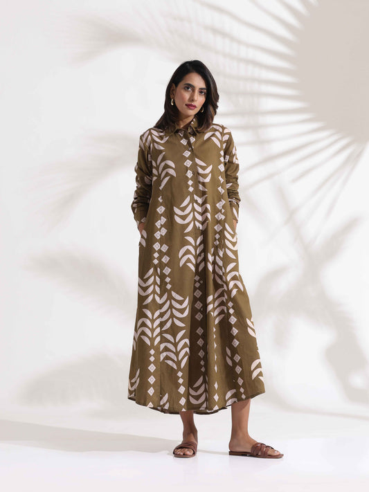 trueBrowns Olive Green Cotton Print Shirt Dress | Swadesiicart