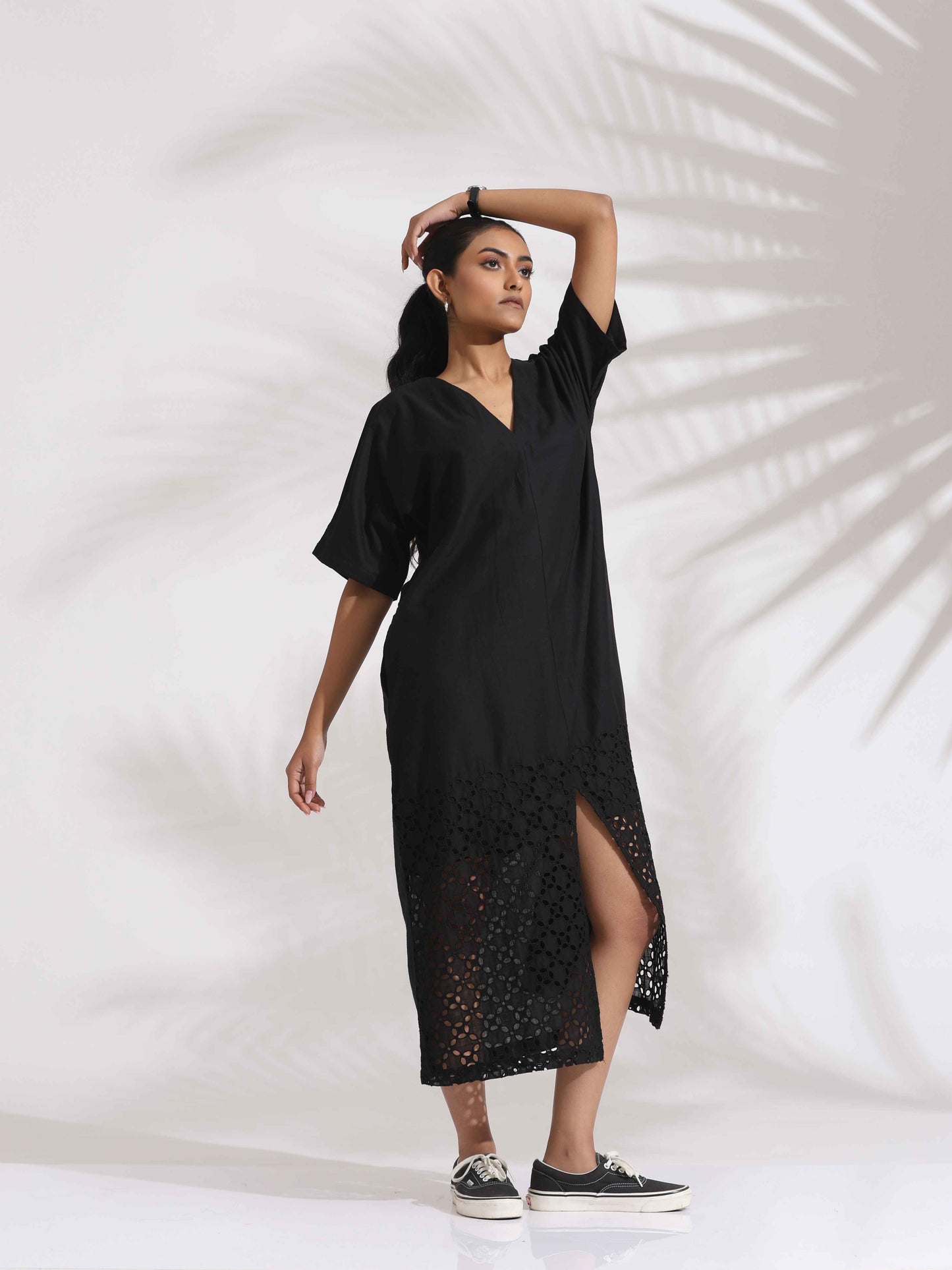 trueBrowns Black Cotton Schiffli Slit Dress | Swadesiicart