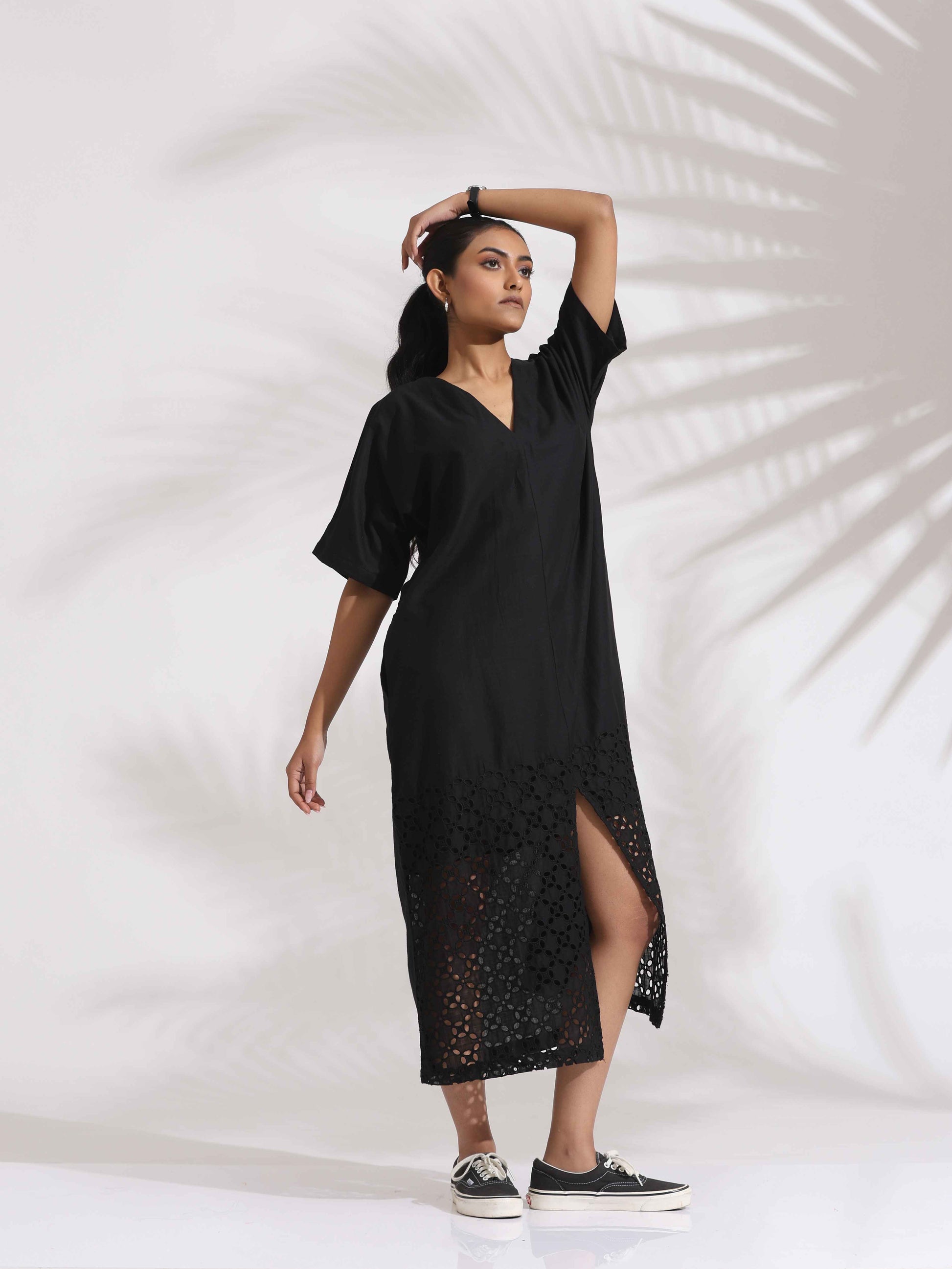 trueBrowns Black Cotton Schiffli Slit Dress | Swadesiicart