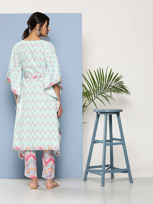 Ahalyaa Women Sea Green Floral Printed Gotta Patti Kurta with Trousers | Swadesiicart