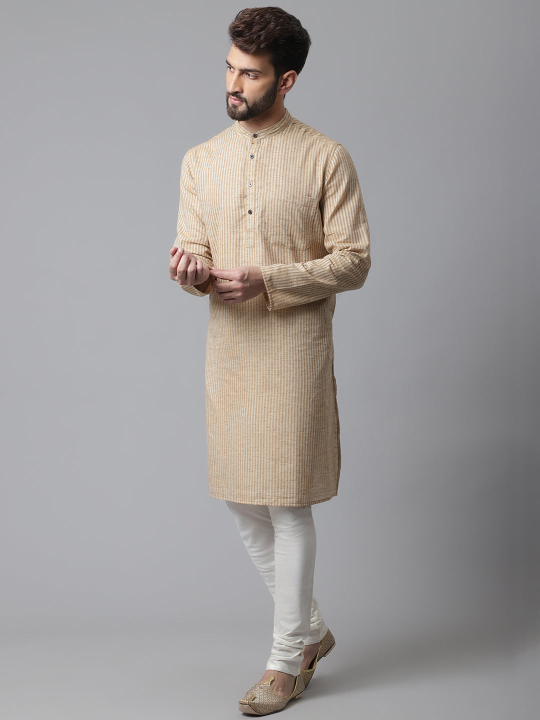 Indian Clothing Even Apparels Beige Solid Kurta With Band Collar | Swadesiicart