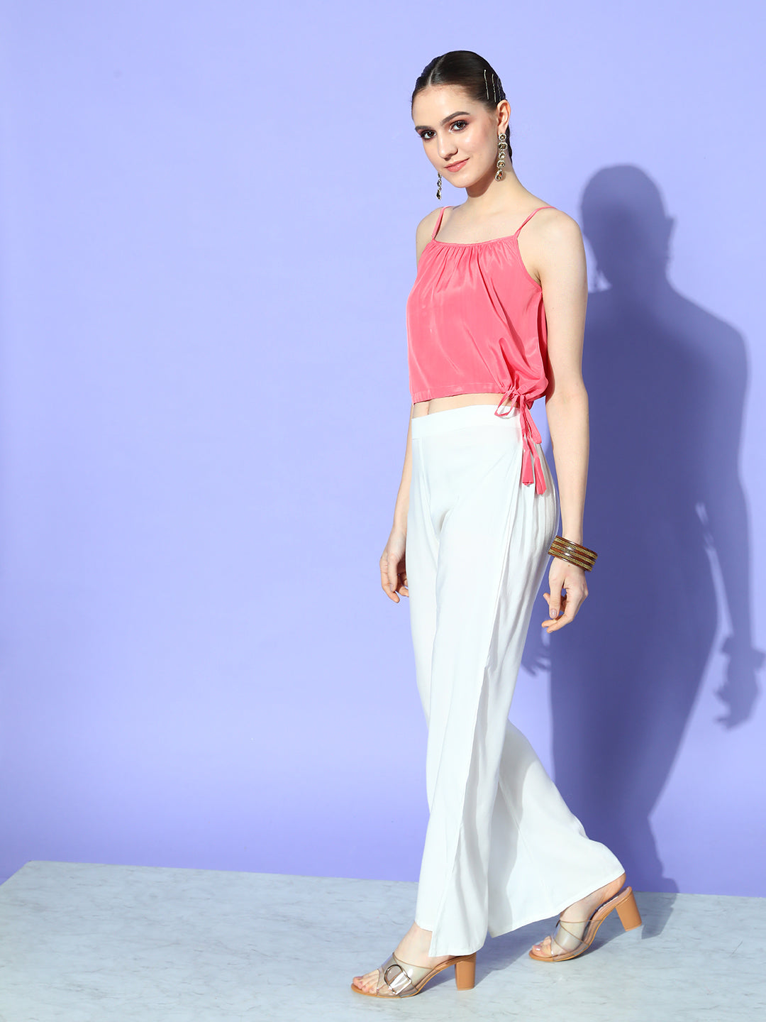 InWeave Women's Camel Brown Cream Pant Coord Set With Peach Crop Top - Swadesiicart