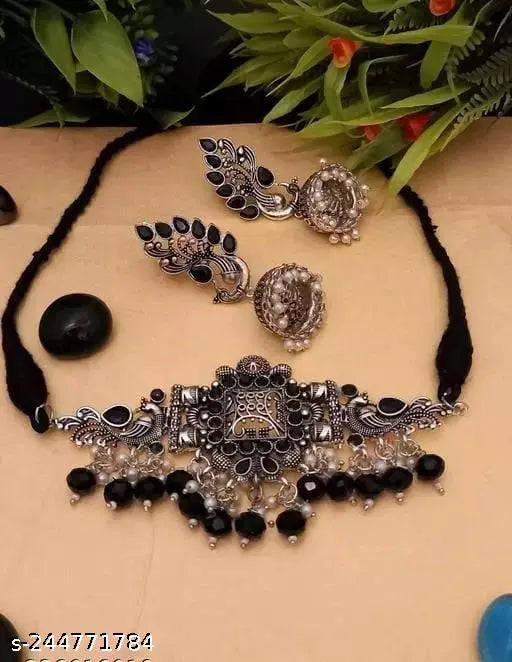Tehzeeb Creations Women's Oxidised Necklace And Earring With Black Beads And Pearl - Swadesiicart