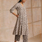 trueBrowns Clay Dabu Buta Print Cotton Front Neck Gathered Kurta Pant Set | Swadesiicart