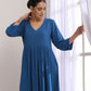 trueBrowns Classic Blue Dobby High Slit Gathered Kurta Set | Swadesiicart