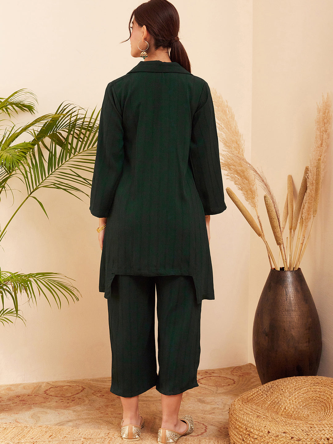InWeave Women's Forest Green Collared Front Button Blazer Kurta Pant Set - Swadesiicart