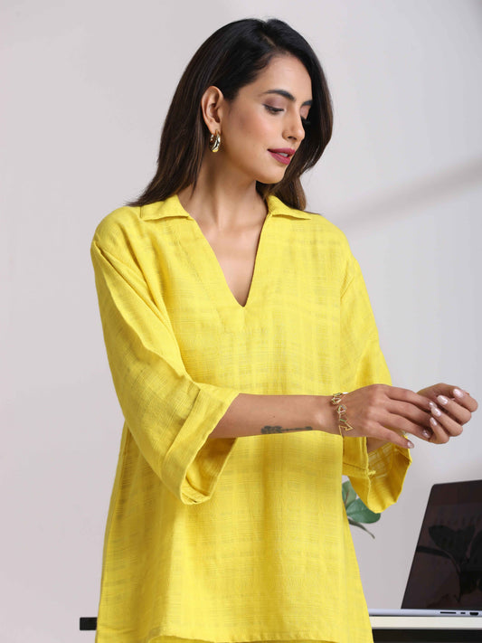 trueBrowns Lime Cotton Dobby V-Neck Co-ord Set - Swadesiicart