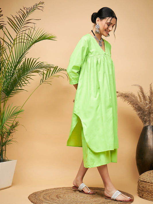 InWeave Women's Lime Green Flared Kurta Palazzo Set - Swadesiicart