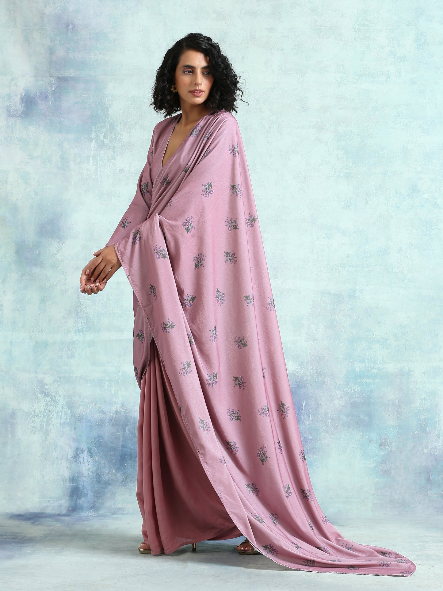 trueBrowns Light Mauve Printed Velvet Ready to Wear Saree | Swadesiicart